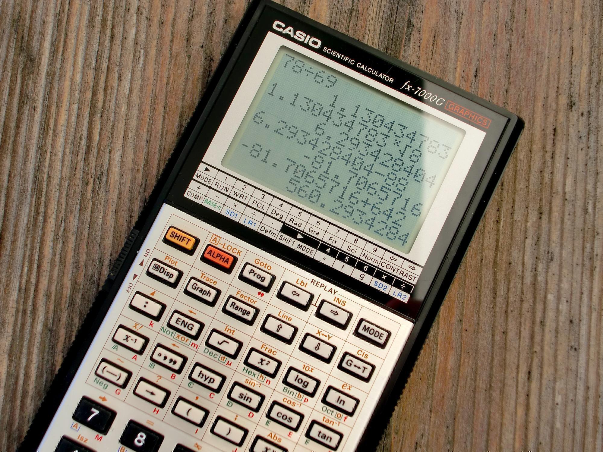 A calculator sits on a table