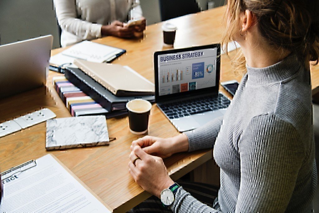 a businesswoman sits in front of a computer