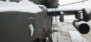 An army helicopter with the ariborne tab