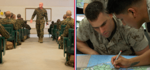one picture of a marine commander speaking to a group and the other picture of two marines leaving land navigation