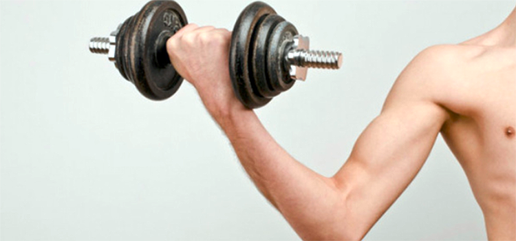 a man lifting a weight and flexing his arm