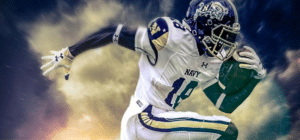 A Navy football player models their goat uniforms