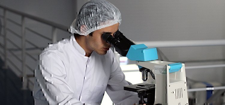 scientist looking down a microscope