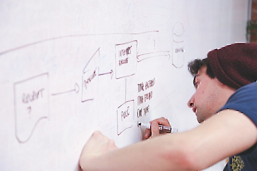 a man writing notes on a white board