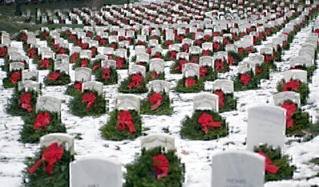 Wreaths sit atop graves at Arlington National Cemetary