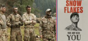 a group of british soldiers next to an army advertisement