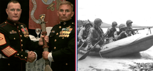 two marines in dress uniform holding a recon paddle