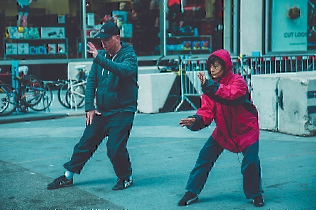 two people practicing in public 