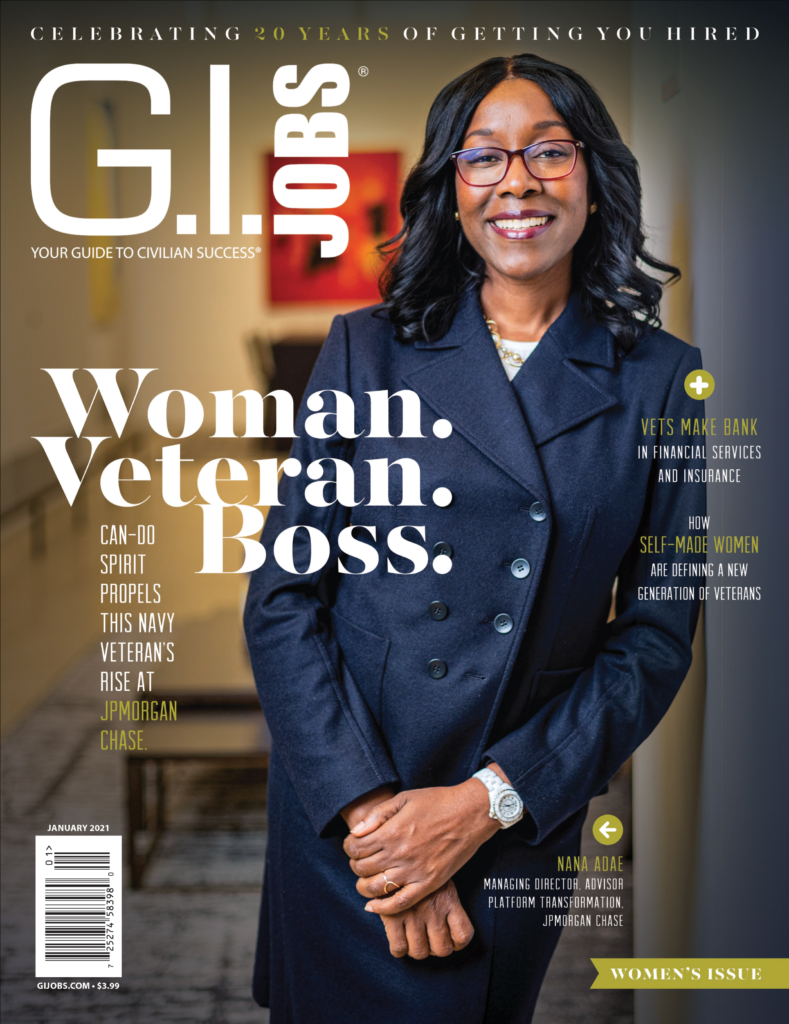 Female Navy veteran on the cover of G.I. Jobs Magazine in January 2021 for her success in her military transition.
