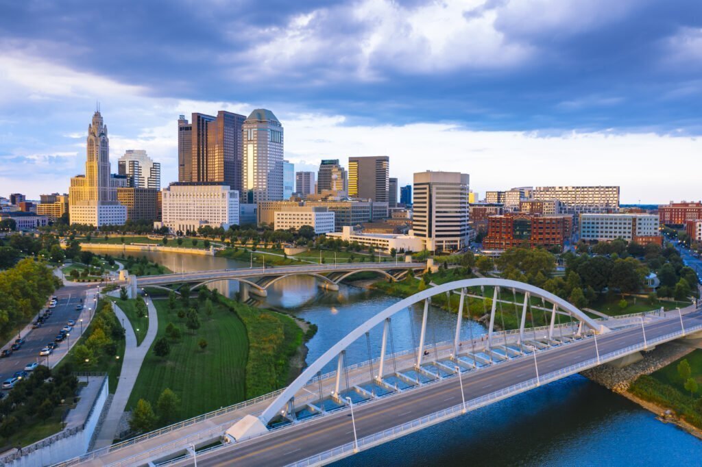 Aerial view of Downtown Columbus Ohio with Scioto river during sunset to show what life in Ohio is like.