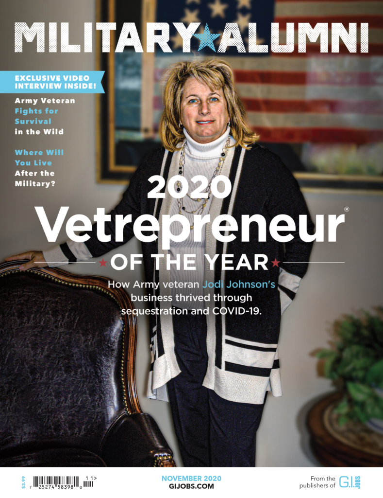 Female Army Veteran on the cover of the November 2020 issue of the G.I. Jobs Magazine for her success as an entrepreneur.