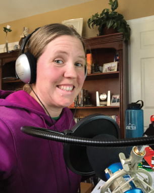 Amanda Huffman, entrepreneur, podcaster, and freelance writer at her podcast set recording.