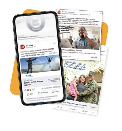 A phone screen with a GI Jobs programmatic ad and additional examples of targeted Facebook ads on G.I. Jobs
