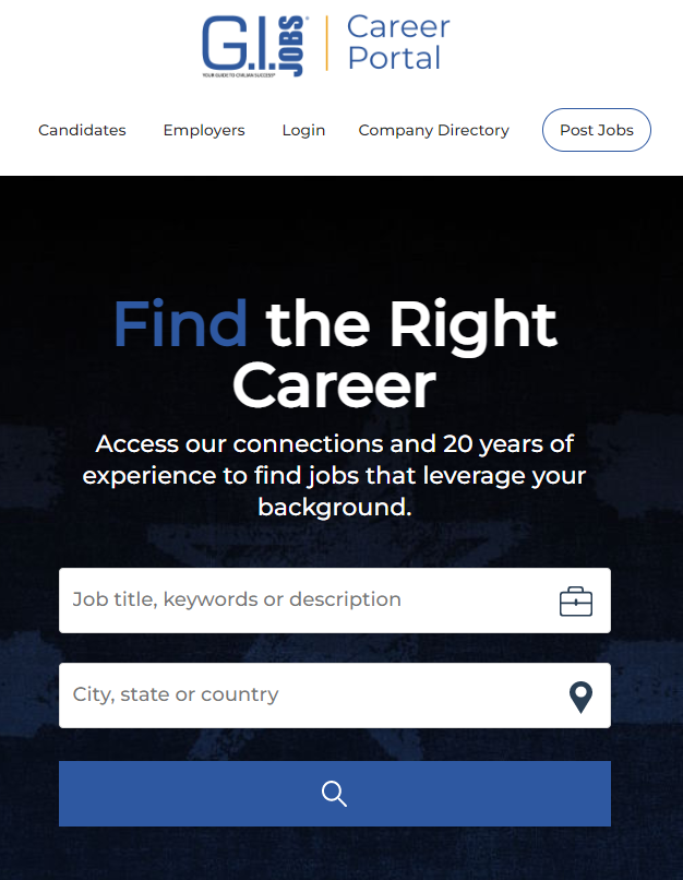 GI Jobs Career Portal home screen