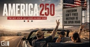 Three people in a convertible on a desert highway, waving toward the horizon, with a large AMERICA 250 banner and the 'Freedom isn't free' sign in the background.