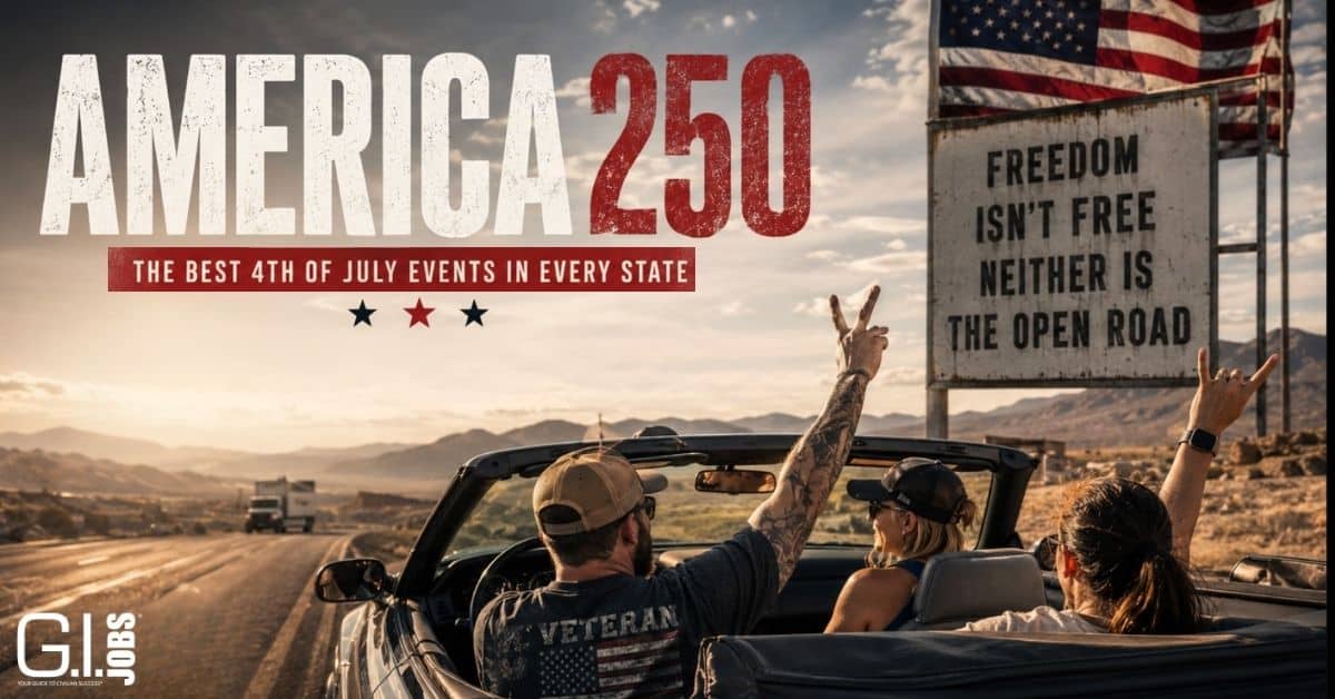 Three people in a convertible on a desert highway, waving toward the horizon, with a large AMERICA 250 banner and the 'Freedom isn't free' sign in the background.