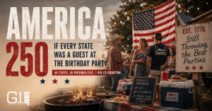 Poster for America's 250th birthday with 'AMERICA 250' text and guests at a backyard party under an American flag.