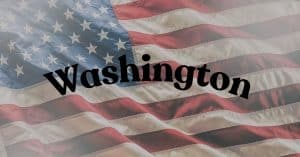 U.S. flag waving with the word 'Washington' in bold black letters across the stripes.