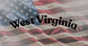 'West Virginia' text curved across a waving American flag banner.