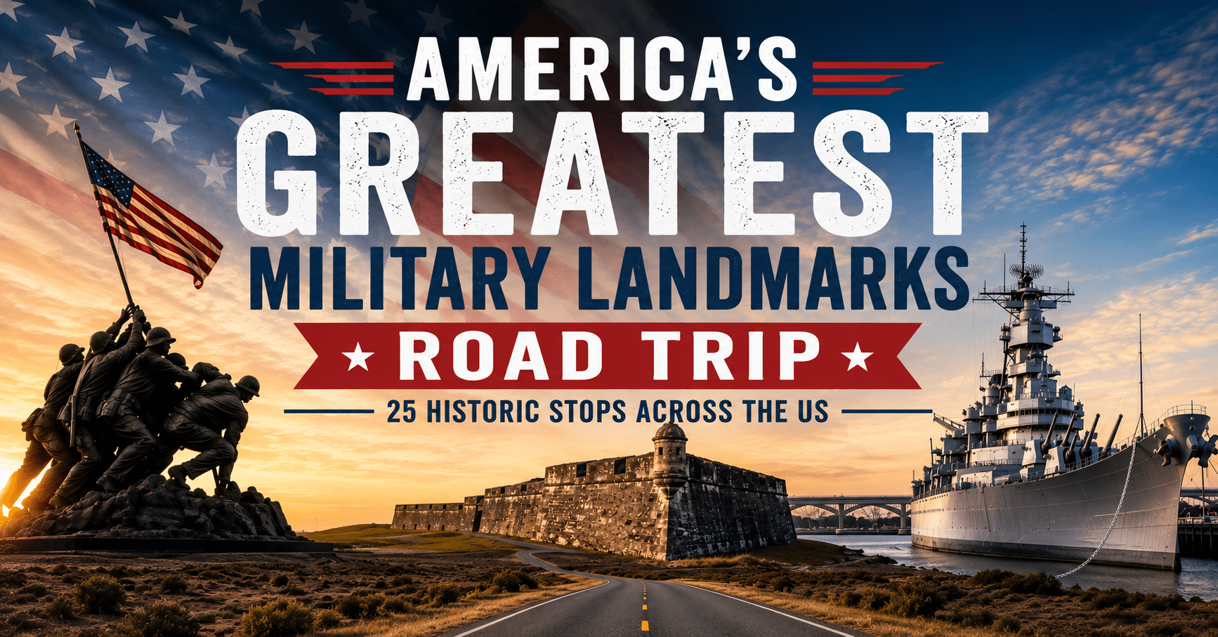 Promotional banner for America's Greatest Military Landmarks Road Trip featuring soldiers raising a flag, a fortress, and a battleship.