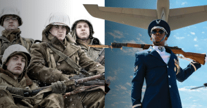 Split image showing infantry soldiers with rifles on the left and a modern air-force pilot with a rifle before a large airplane on the right.