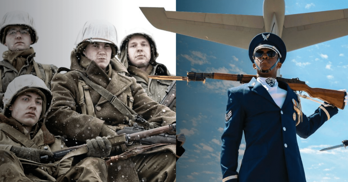 Split image showing infantry soldiers with rifles on the left and a modern air-force pilot with a rifle before a large airplane on the right.