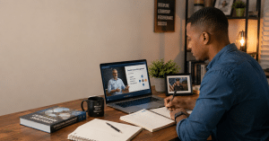 Side profile of a man in a denim shirt taking notes at a wooden desk while a laptop shows a supply chain management presentation on the screen.
