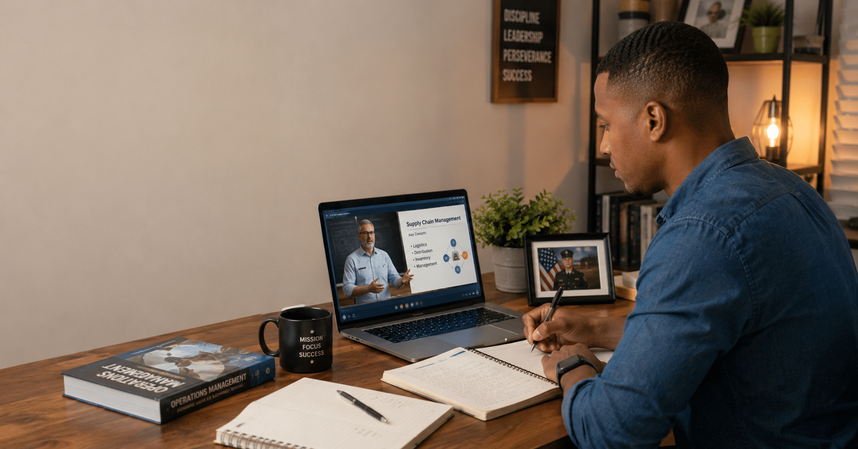Side profile of a man in a denim shirt taking notes at a wooden desk while a laptop shows a supply chain management presentation on the screen.