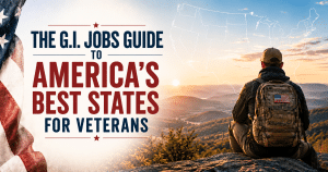 Soldier sitting on a mountain at sunrise with a backpack featuring a U.S. flag, beside the title about America’s best states for veterans.
