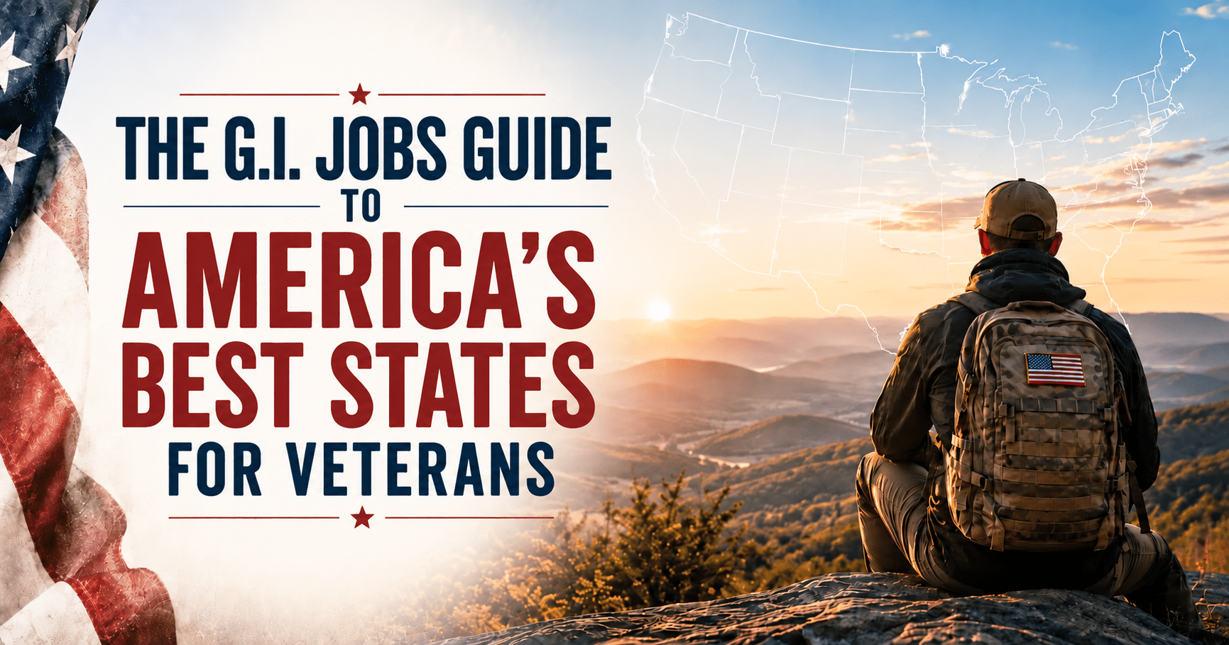 Soldier sitting on a mountain at sunrise with a backpack featuring a U.S. flag, beside the title about America’s best states for veterans.