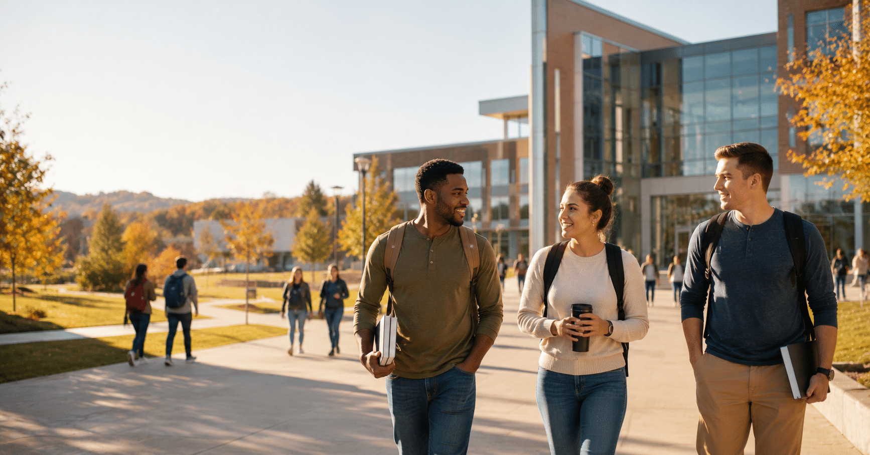 Students walking on a sunlit campus plaza with backpacks, chatting near a modern glass-fronted building.