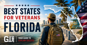 Veteran overlooking the Florida coastline with the Florida state outline, representing Florida as a destination for Veterans