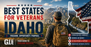 Veteran overlooking Idaho mountains with Idaho state outline, representing Idaho as a destination for Veterans