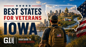 Iowa landscape and state outline representing opportunities and resources for Veterans