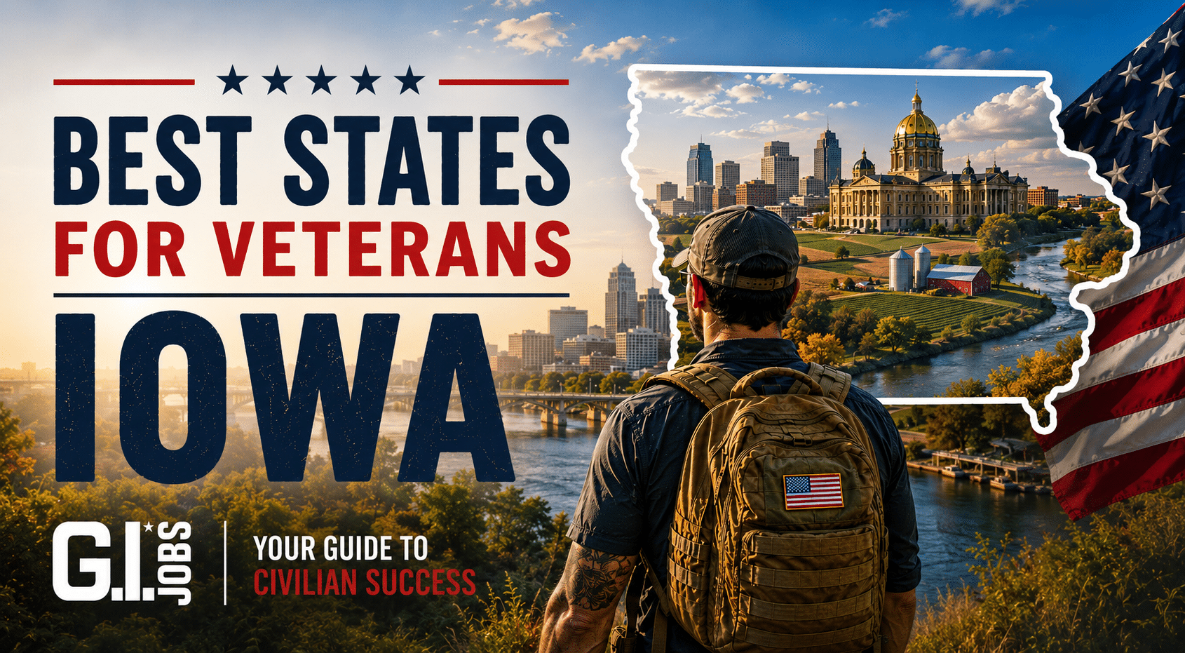 Iowa landscape and state outline representing opportunities and resources for Veterans