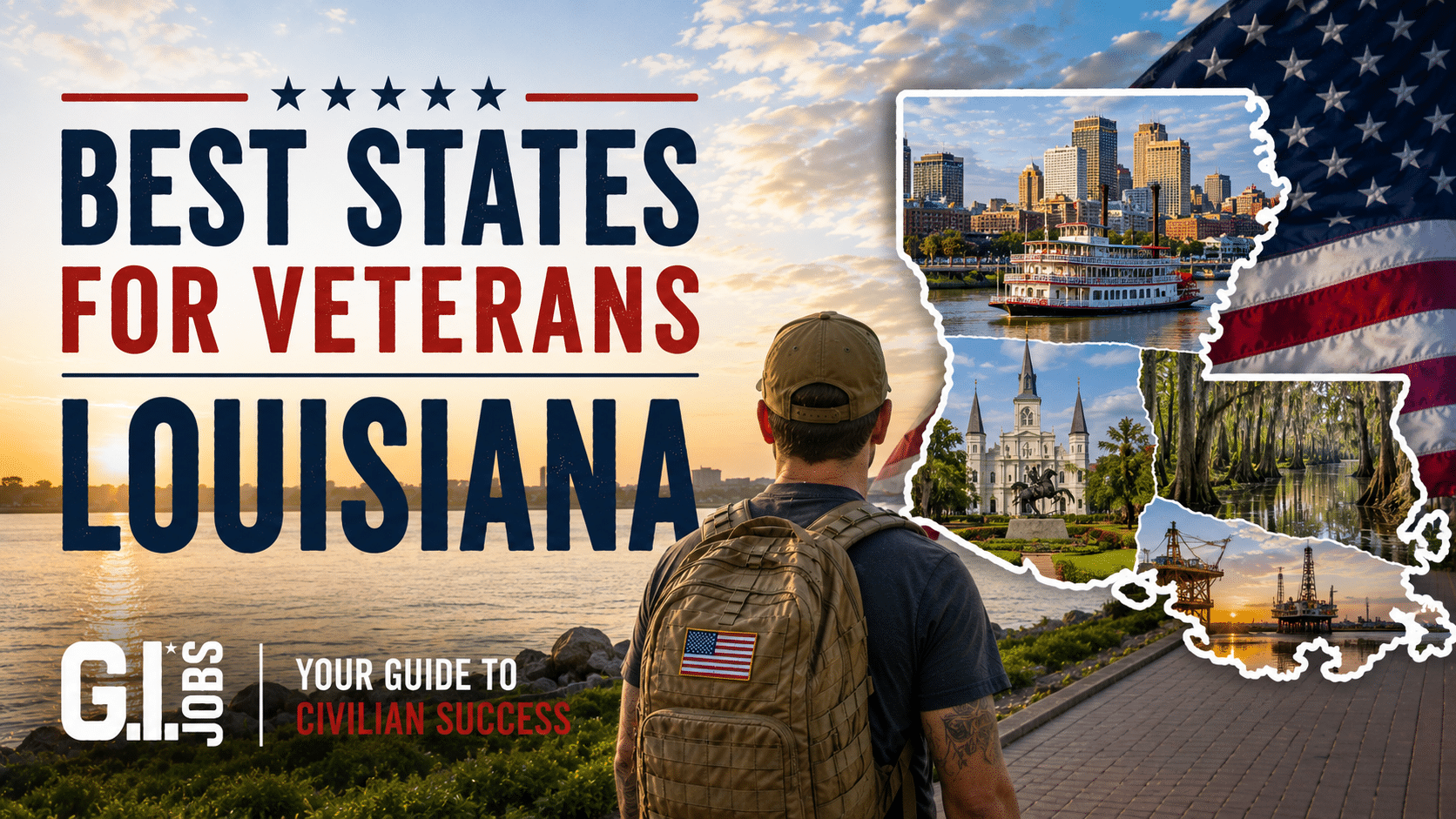 Best States for Veterans: Louisiana featuring Louisiana scenery, military community, jobs, benefits and Veteran opportunities