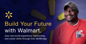 Banner ad saying 'Build Your Future with Walmart' with a smiling man in a red shirt on the right side against a dark blue background.