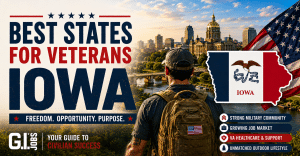 Iowa landscape and state outline representing opportunities and resources for Veterans
