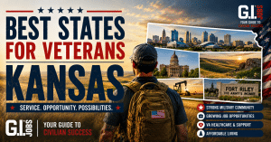 Best States for Veterans Kansas featured image showing a Kansas landscape, state outline and G.I. Jobs branding