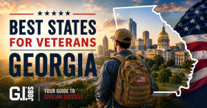 Veteran overlooking Georgia landscape with Georgia state outline, representing Georgia as a destination for Veterans