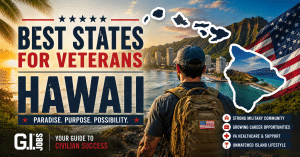 Veteran overlooking Hawaii coastline with Hawaii state outline, representing Hawaii as a destination for Veterans