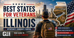 Veteran overlooking Chicago skyline with Illinois state outline representing Illinois as a destination for Veterans