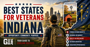 Poster titled 'Best States for Veterans Indiana' showing a soldier in the foreground, a city skyline, and an outline of Indiana with listed veteran benefits on the right.