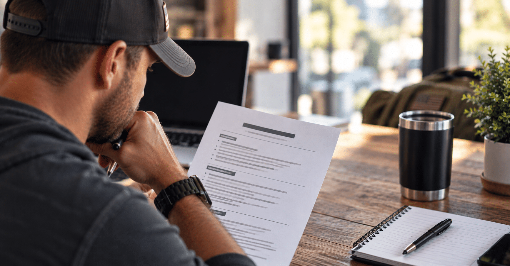 Man wearing a cap reads a printed document at a wooden desk with a laptop, notebook, and tumbler nearby, in a bright room.