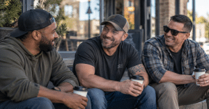 Three Veterans laughing together for 17 Things Veterans Understand That Civilians Probably Never Will