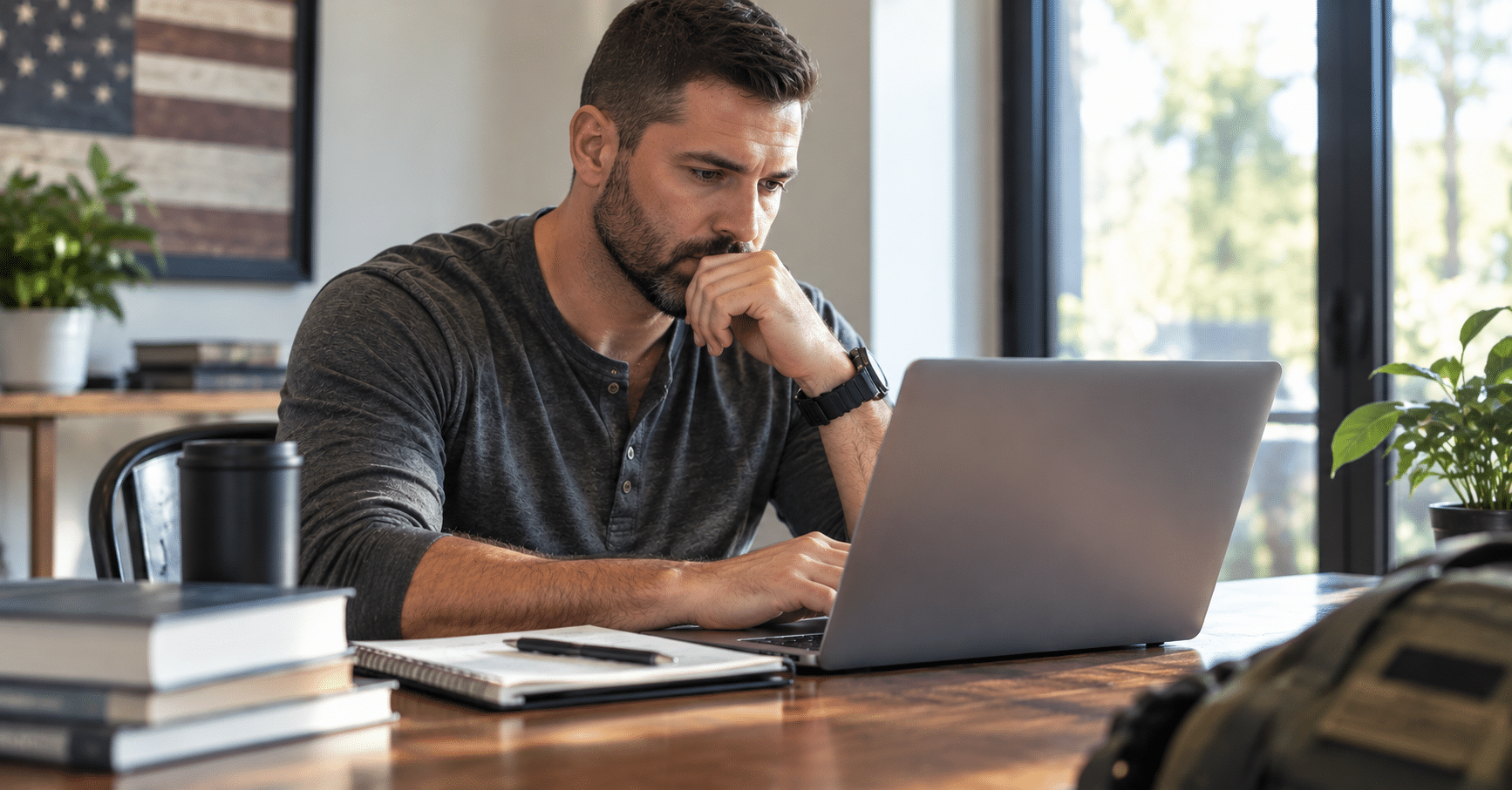 Man studying at a desk, focused on typing on a laptop in a bright home office with plants nearby.