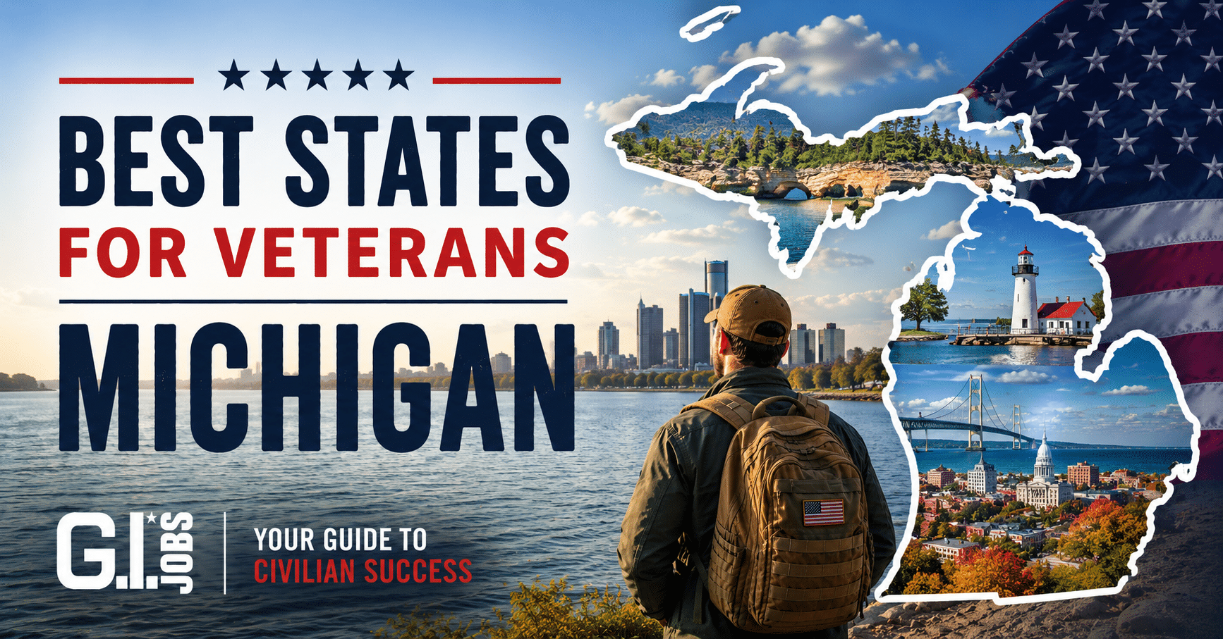 Banner showing 'Best States for Veterans – Michigan' with a man by a lake, city skyline, and a white-outlined Michigan map containing landmarks, set against a patriotic backdrop.