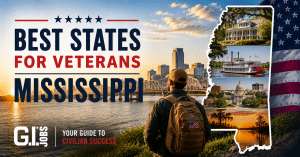 Poster promoting 'Best States for Veterans' with Mississippi highlighted; foreground shows a veteran with a backpack overlooking a river and city skyline at sunset; collage of state landmarks on the right edge.