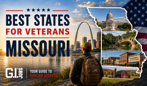Best States for Veterans Missouri featured graphic highlighting Veteran jobs, benefits, military communities and relocation opportunities