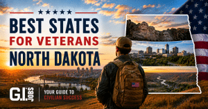 Banner for 'Best States for Veterans: North Dakota' showing a soldier with a backpack overlooking a sunset valley, with a montage of Mount Rushmore, a city skyline, and a waving American flag motif.